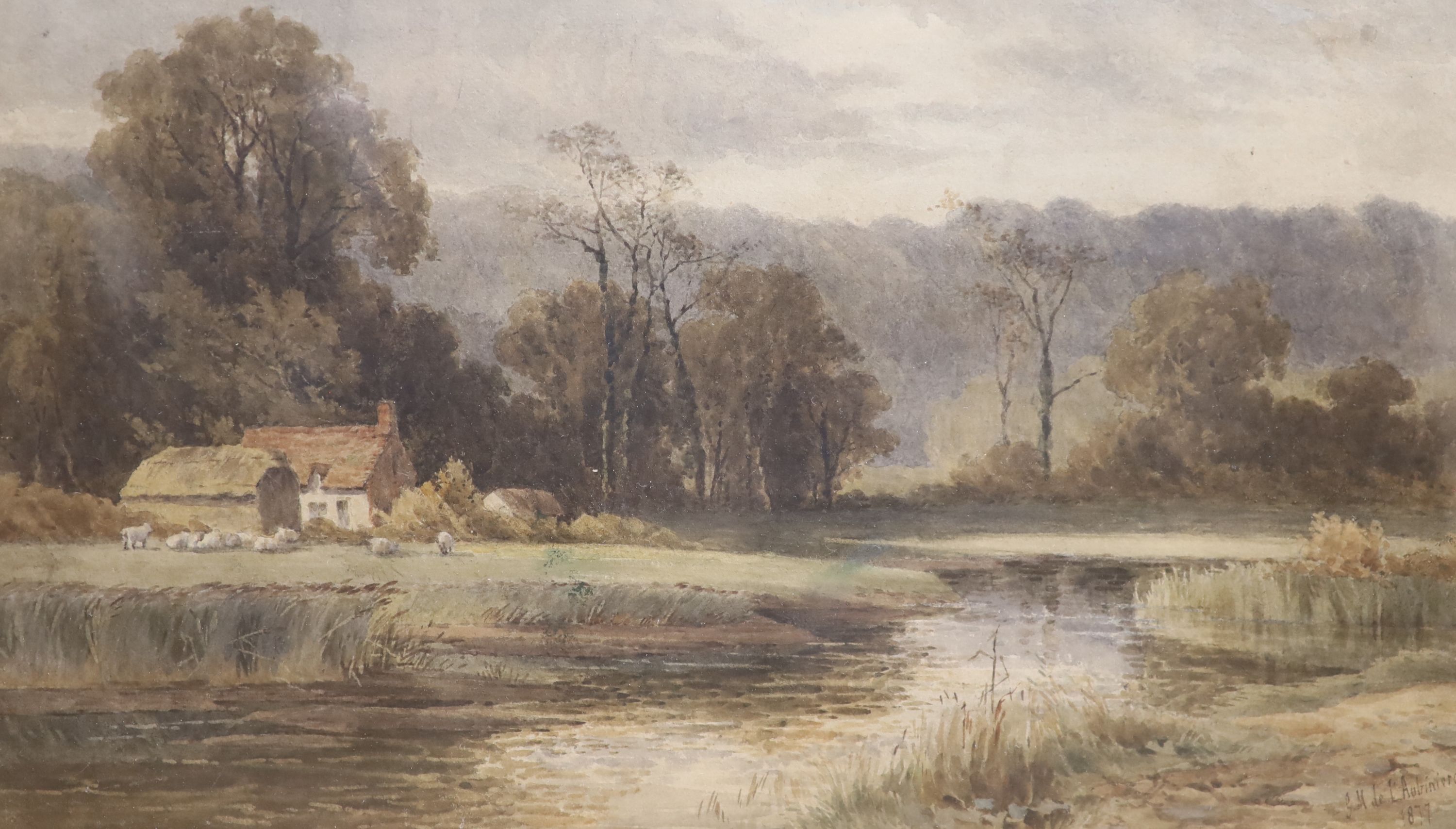 Georgina de L'Aubiniere (1848-1930), watercolour, River landscape with shepherd and flock, signed and dated 1877, 27 x 44cm